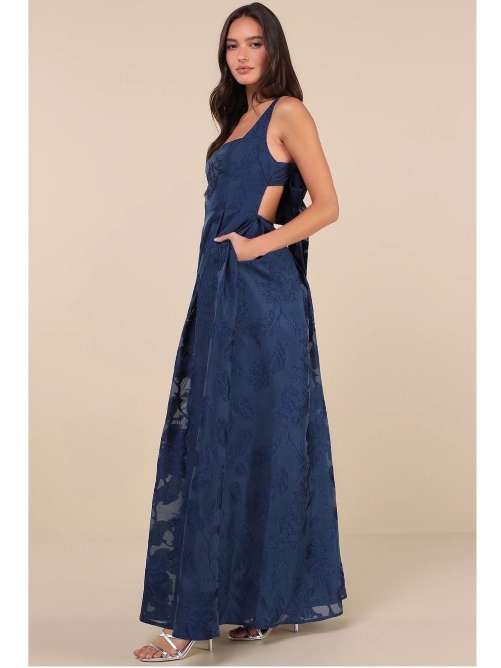 NWT Lulu’s Perfected Aura Navy Jacquard Tie-Back Maxi Dress with Pockets Large - Picture 4 of 11